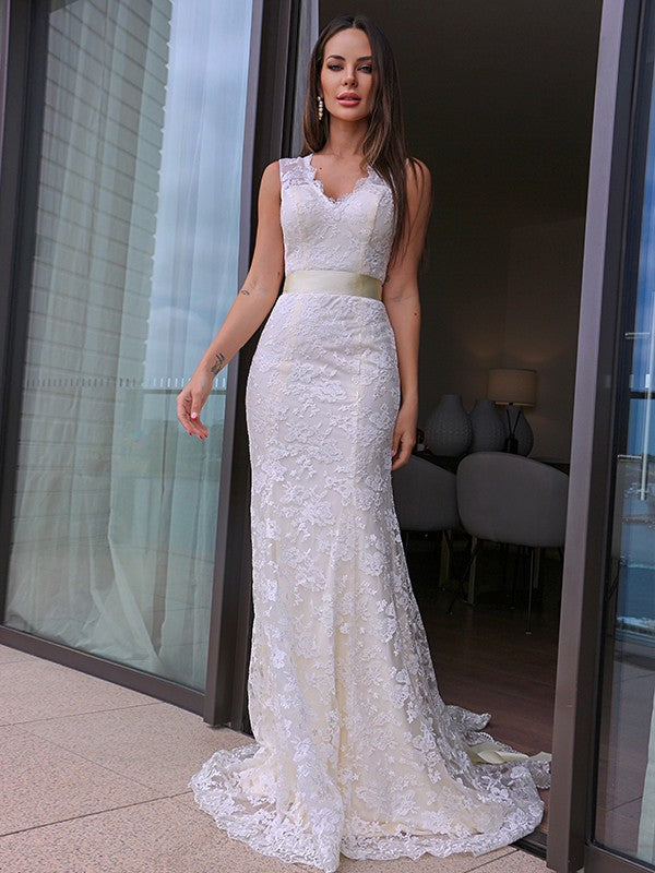 Wholesale Sheath/Column Lace V-neck Sash/Ribbon/Belt Sleeveless Sweep/Brush Train Wedding Dresses